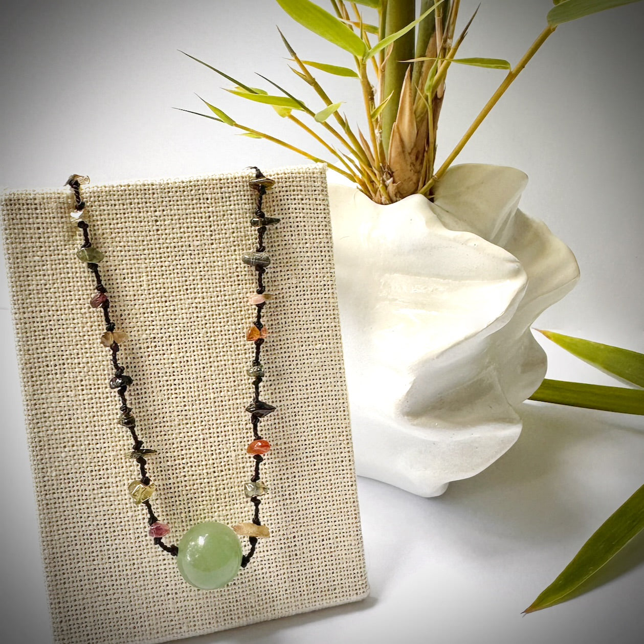 Rainbow Jade mini chip stones and extra large round green Jade pendant knotted choker