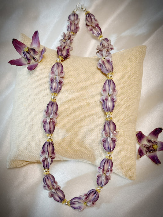 Pua Kalaunu purple double dangle lei with silver spacers and clasp