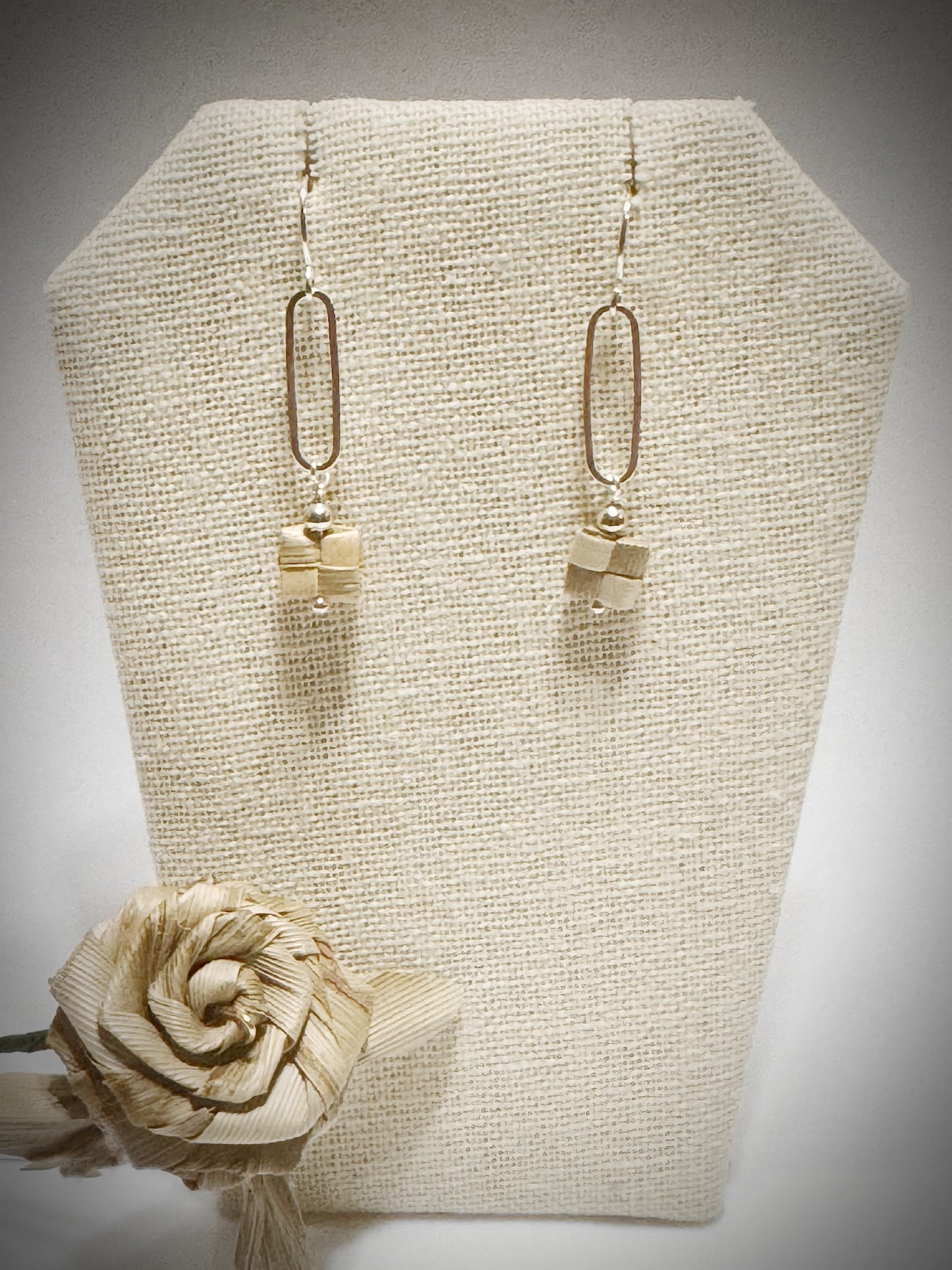 Lauhala woven box paperclip dangle silver earrings
