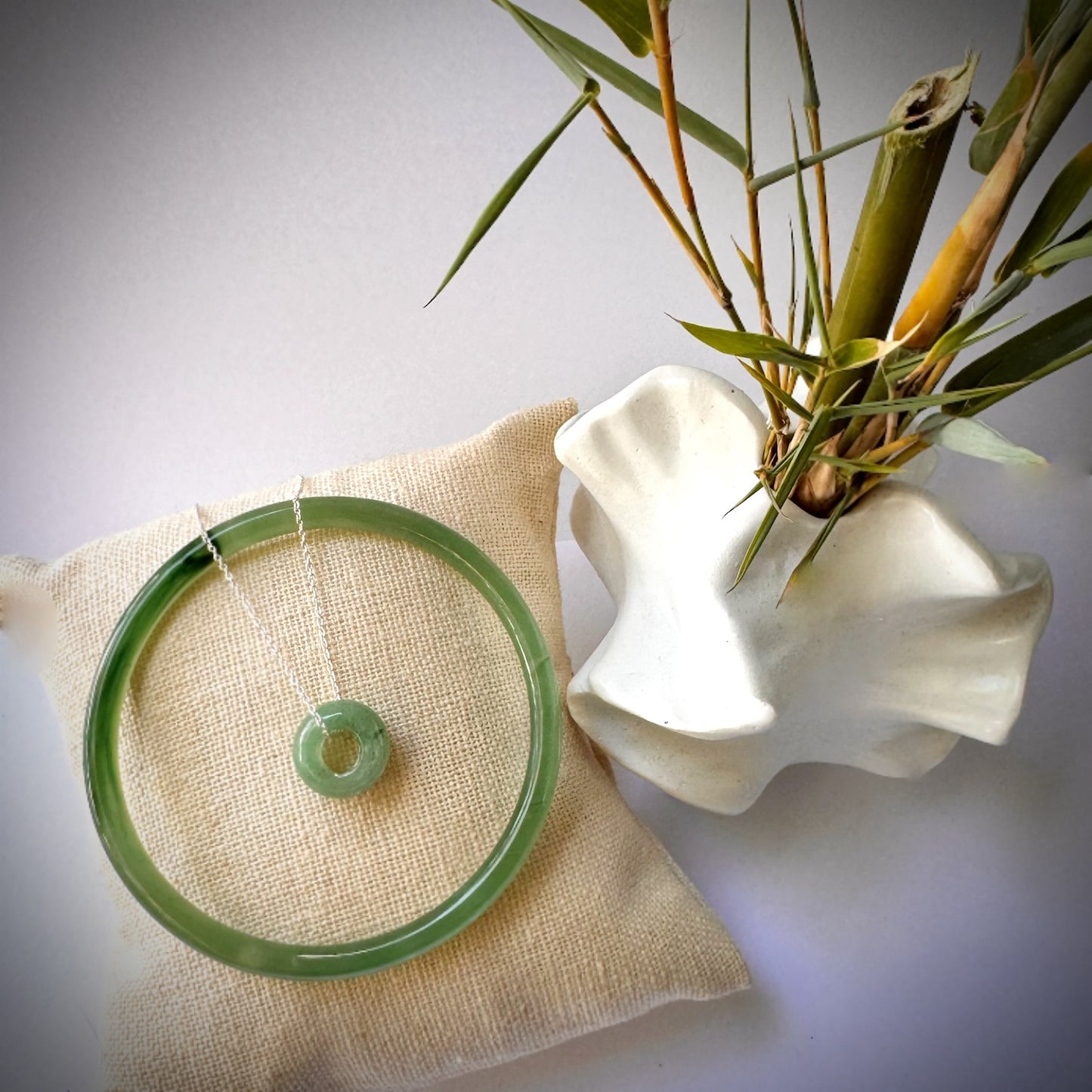 Jade dainty bangle and doughnut shape pendant set-mix green