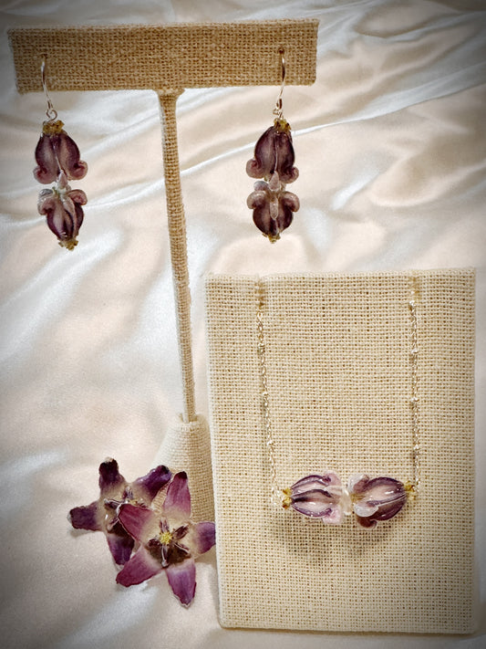 Pua Kalaunu double purple dangle necklace on silver chain and earring set with white pearl
