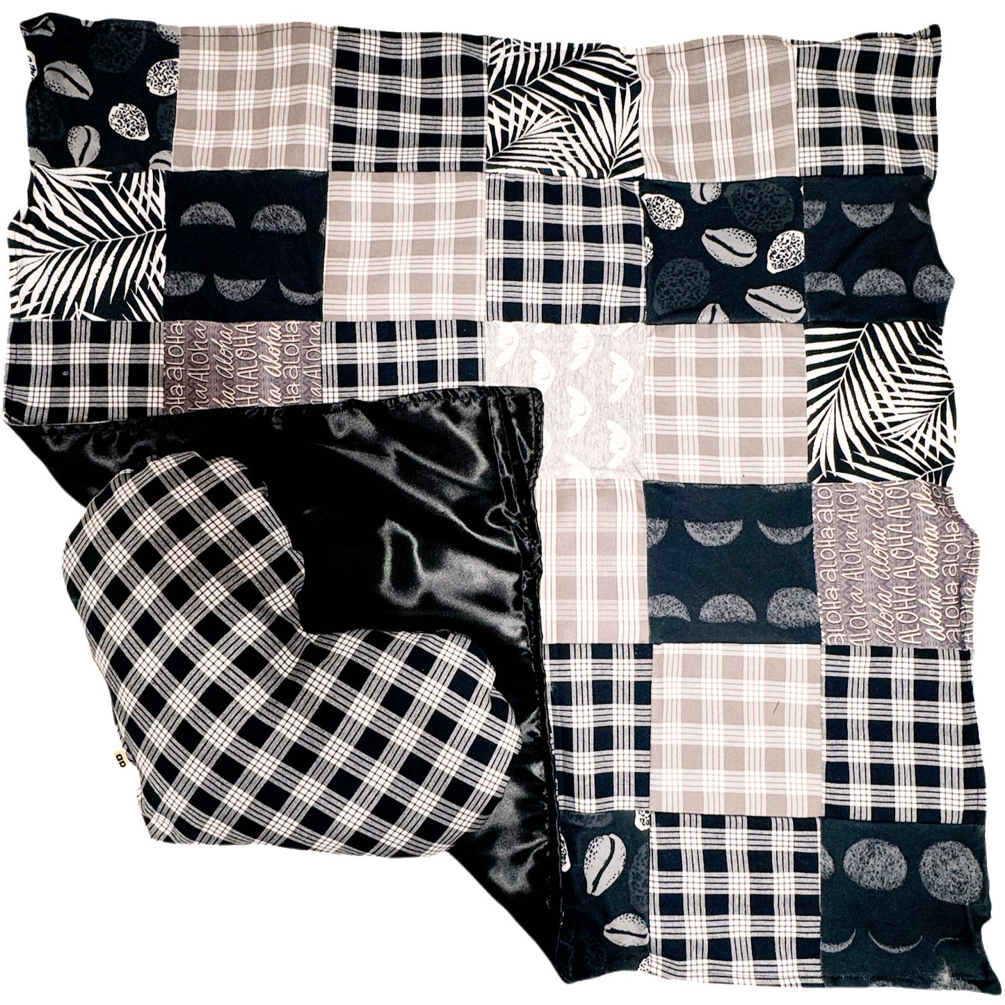 Black Palaka vintage baby quilt and heart pillow