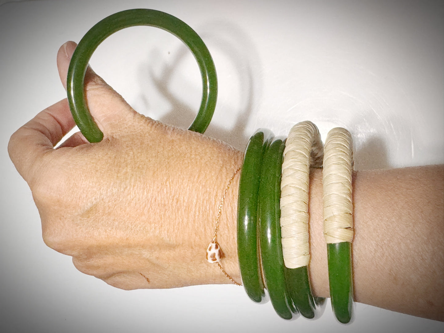 Jade lauhala half wrapped weaved chunky bangle -dark