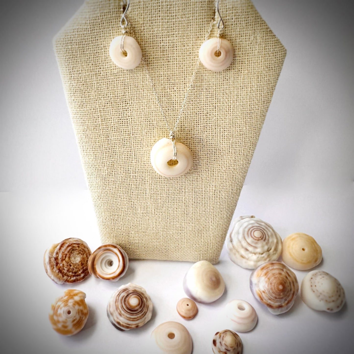Large Puka seashell floating necklace with matching medium puka earrings