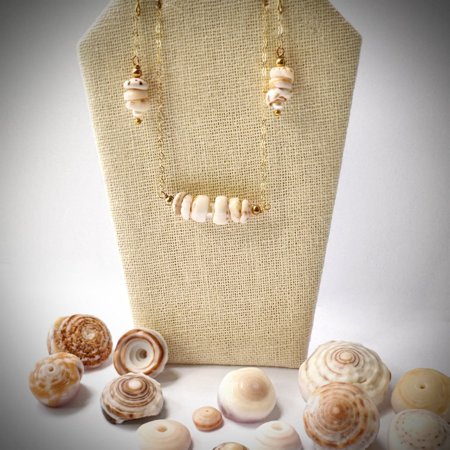 Extra Small multi Puka seashell white pearl floating necklace with matching extra small multi puka and white pearl earrings