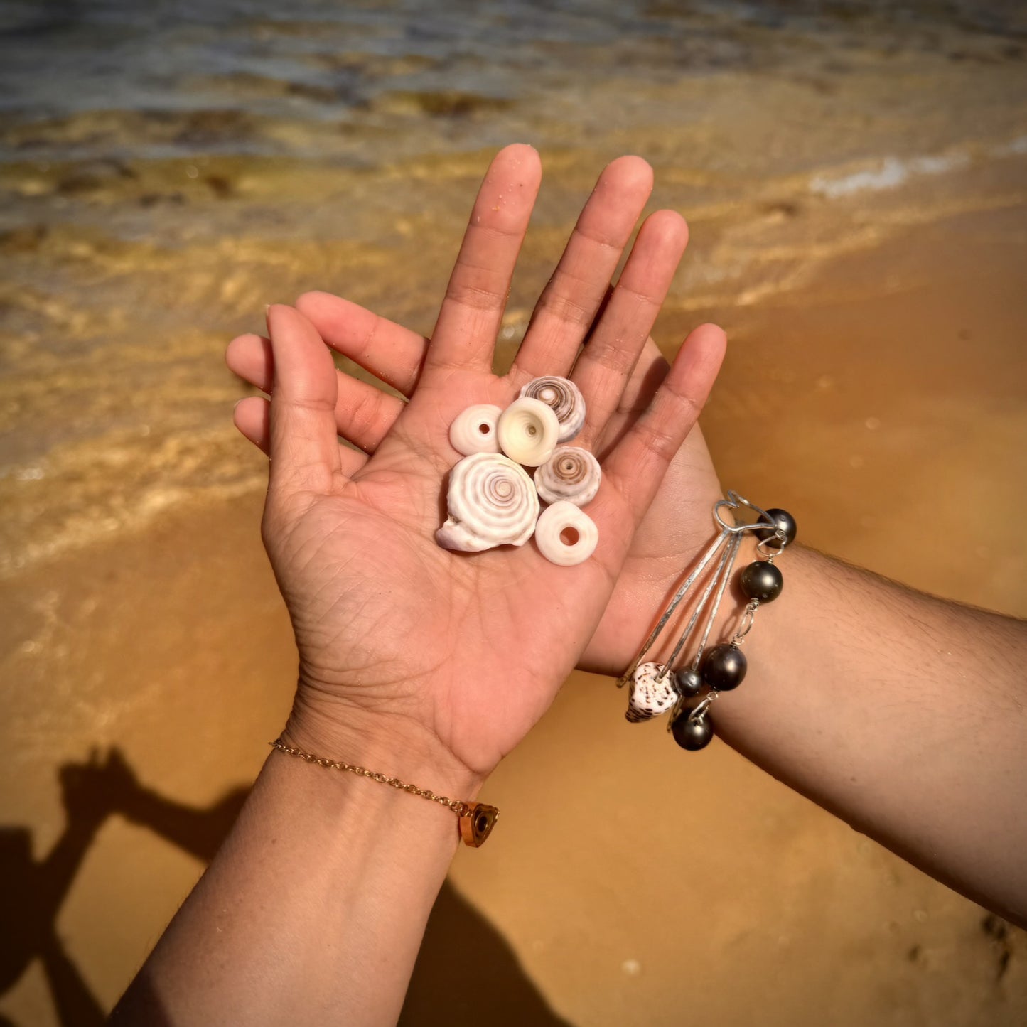 Extra Small multi Puka seashell white pearl floating necklace with matching extra small multi puka and white pearl earrings