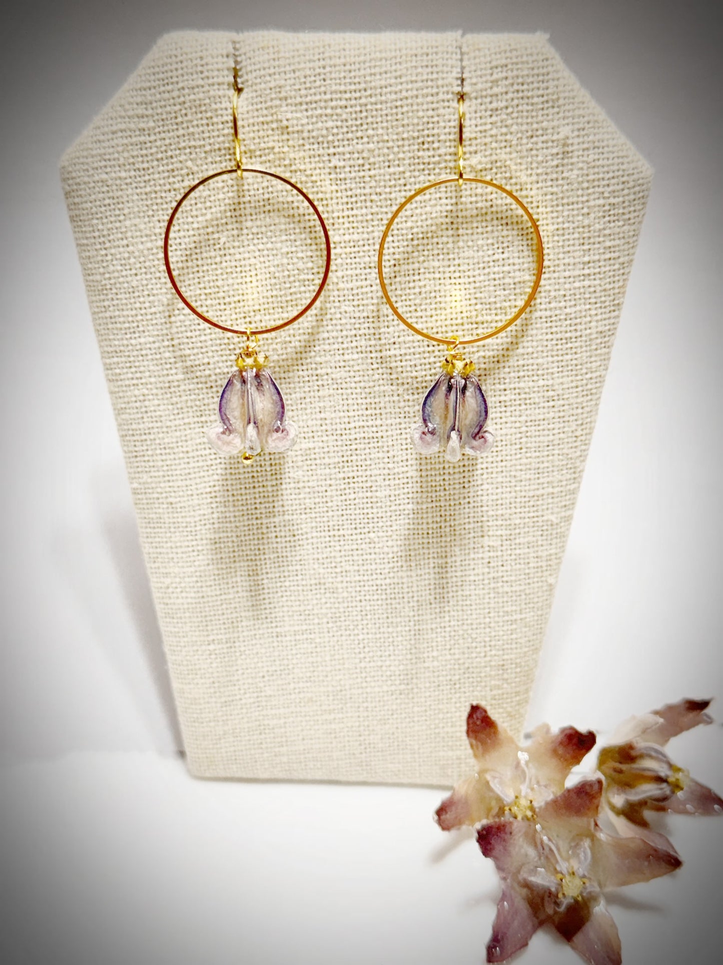 Pua Kalaunu purple mahina dangle gold earrings