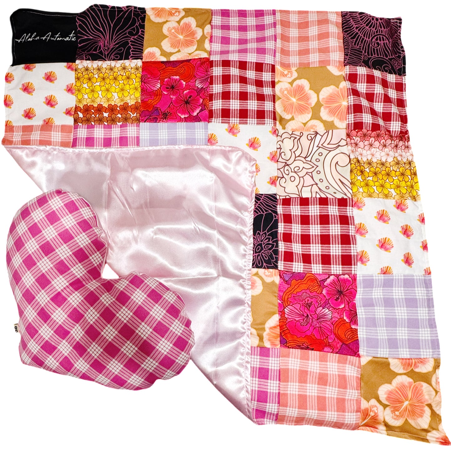 Pink Palaka vintage baby quilt and heart pillow