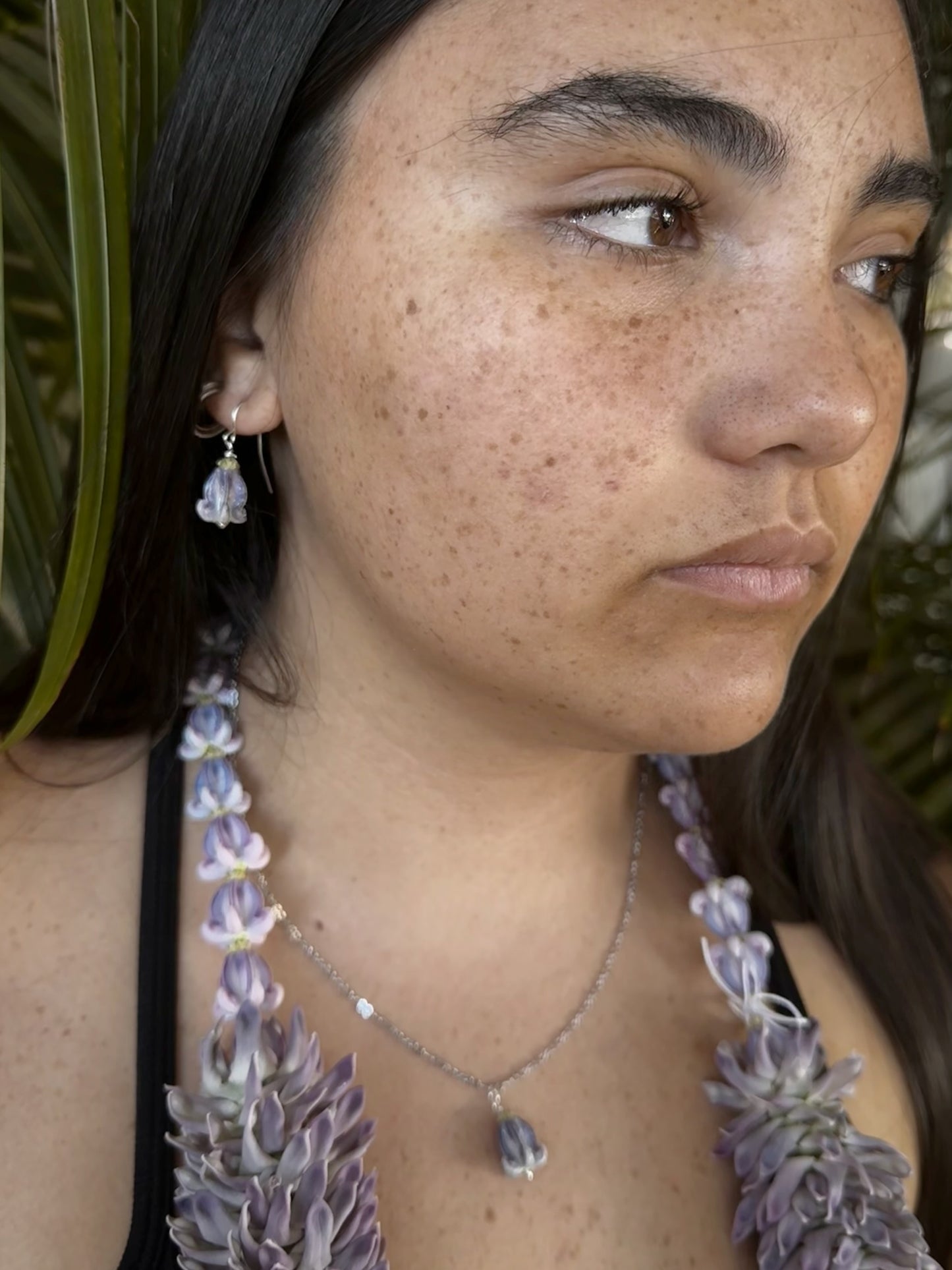 Pua Kalaunu purple dangle necklace on gold chain and earring set