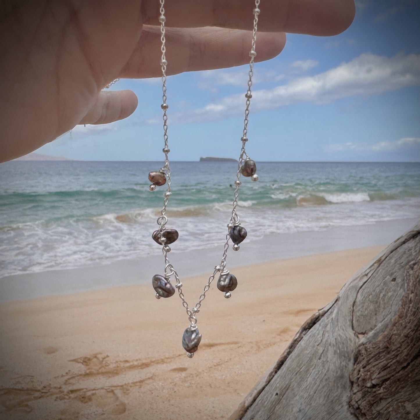 Keshi pearls dangle necklace on silver chain 16”