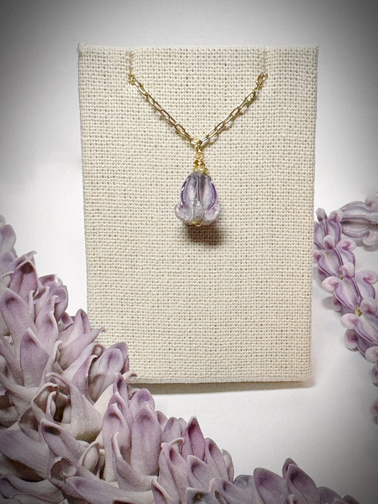 Pua Kalaunu purple dangle necklace on gold chain