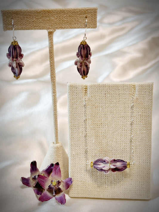 Pua Kalaunu double purple dangle necklace on silver chain and earring set
