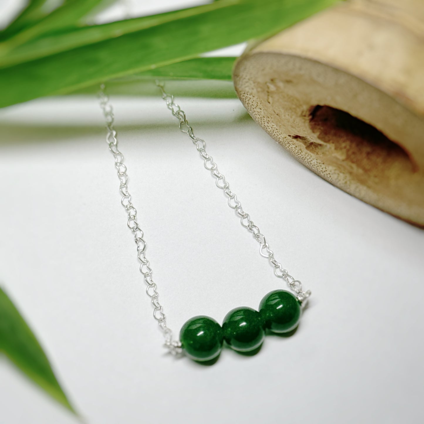 Jade triple heart silver chain necklace