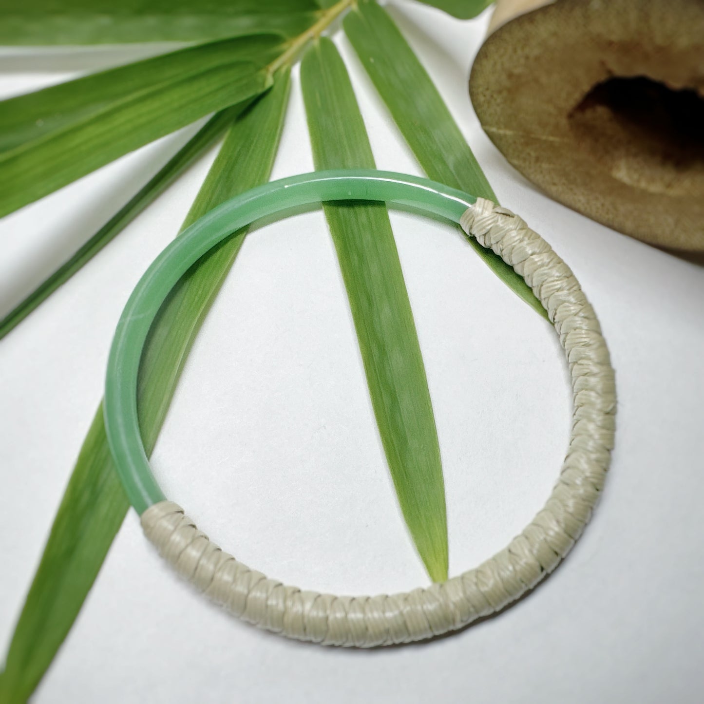 Jade lauhala half wrapped weaved bangle -light