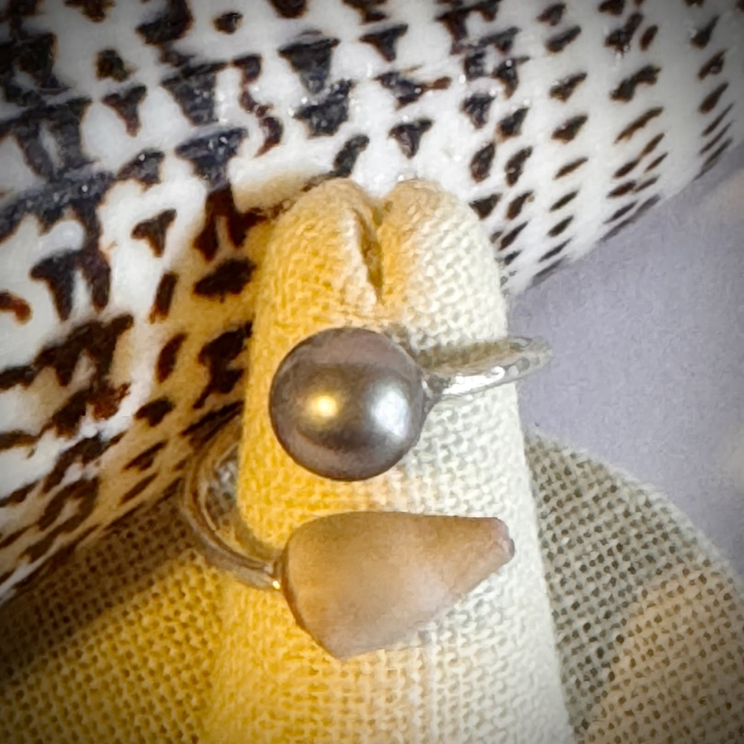 Cone shell with Tahitian pearl silver cuff adjustable shell ring