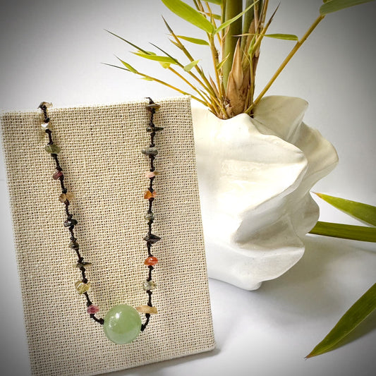 Rainbow Jade mini chip stones and extra large round green Jade pendant knotted choker