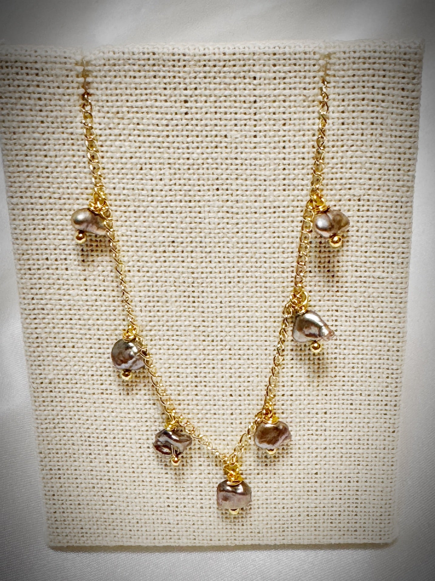Keshi pearls dangle necklace on gold chain 18”