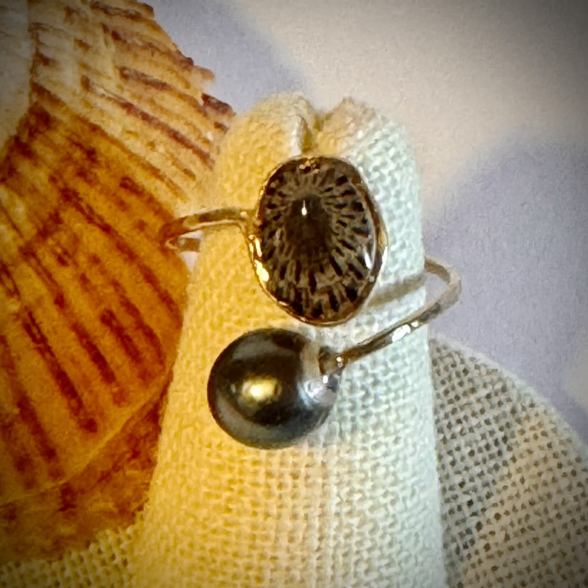 ‘Opihi with Tahitian pearl gold cuff adjustable shell ring