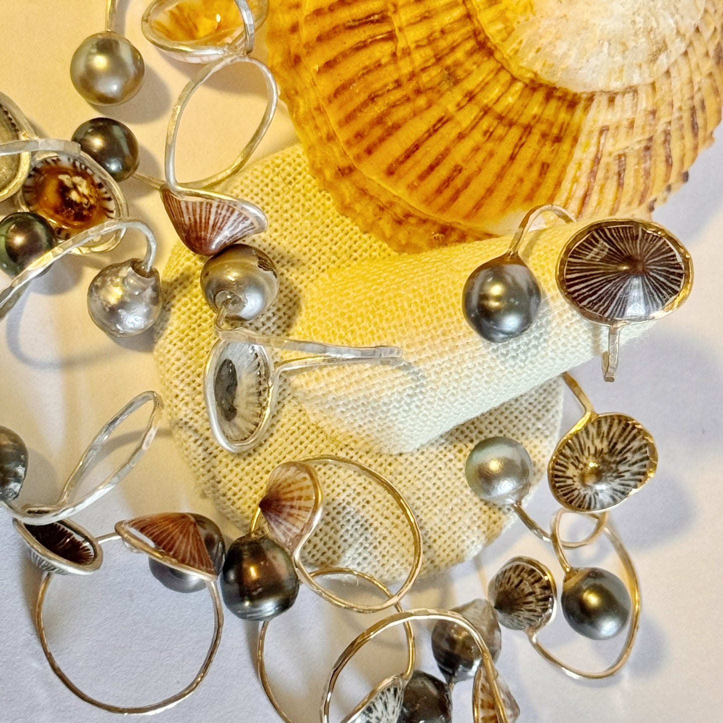 ‘Opihi with Tahitian pearl gold cuff adjustable shell ring