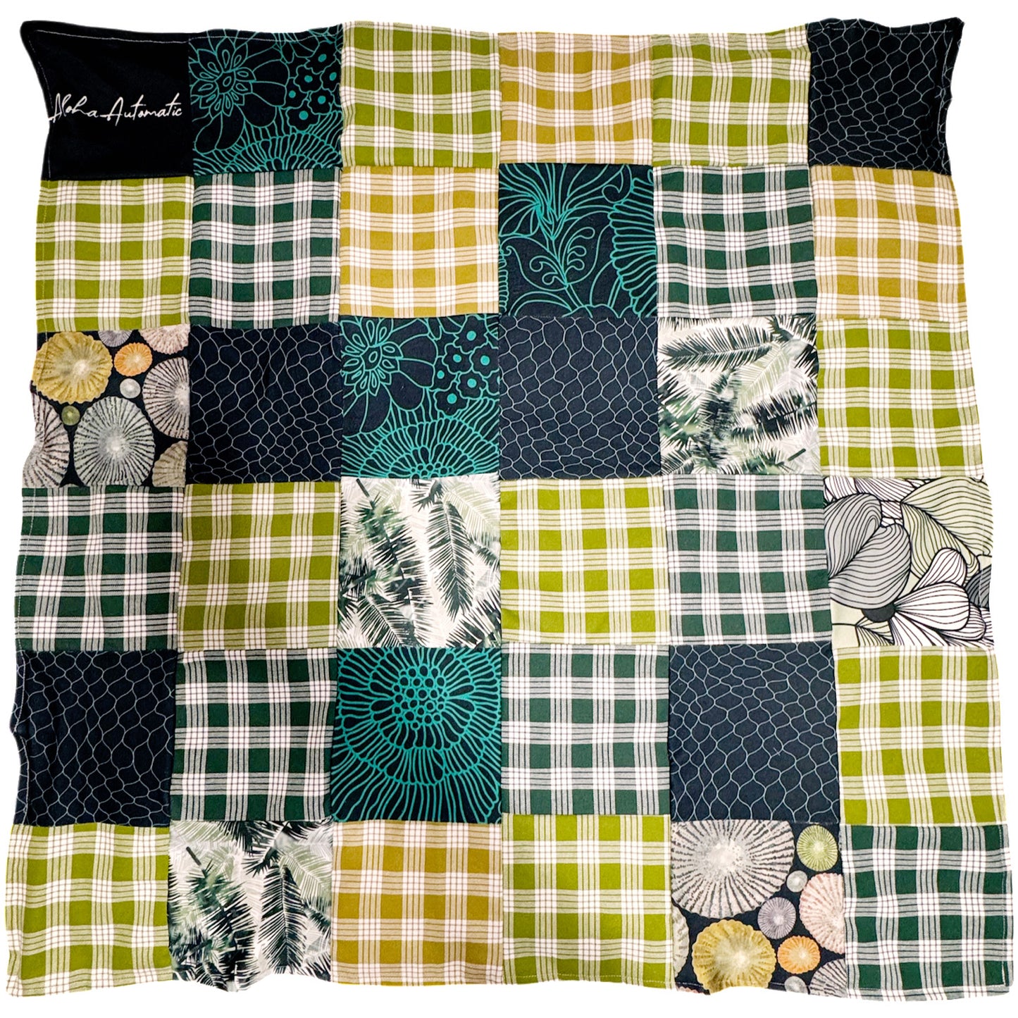 Green Palaka vintage baby quilt and heart pillow