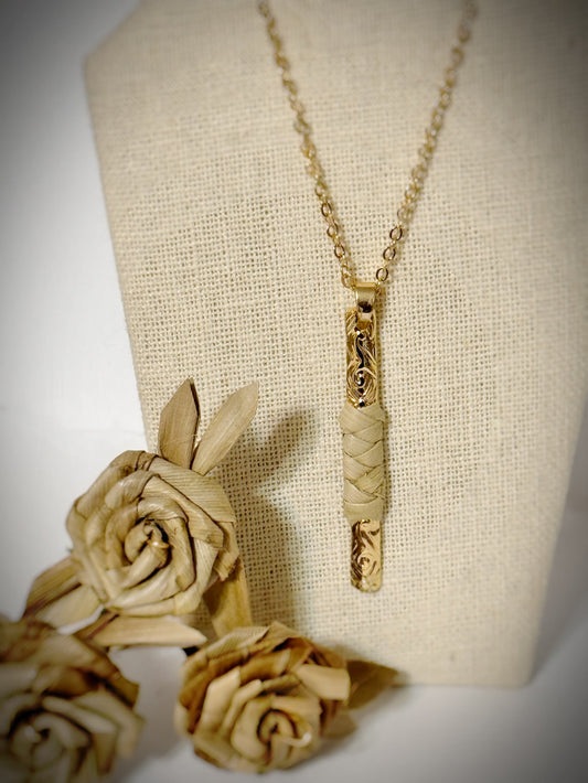 Lauhala woven gold Hawaiian floral woven stick necklace