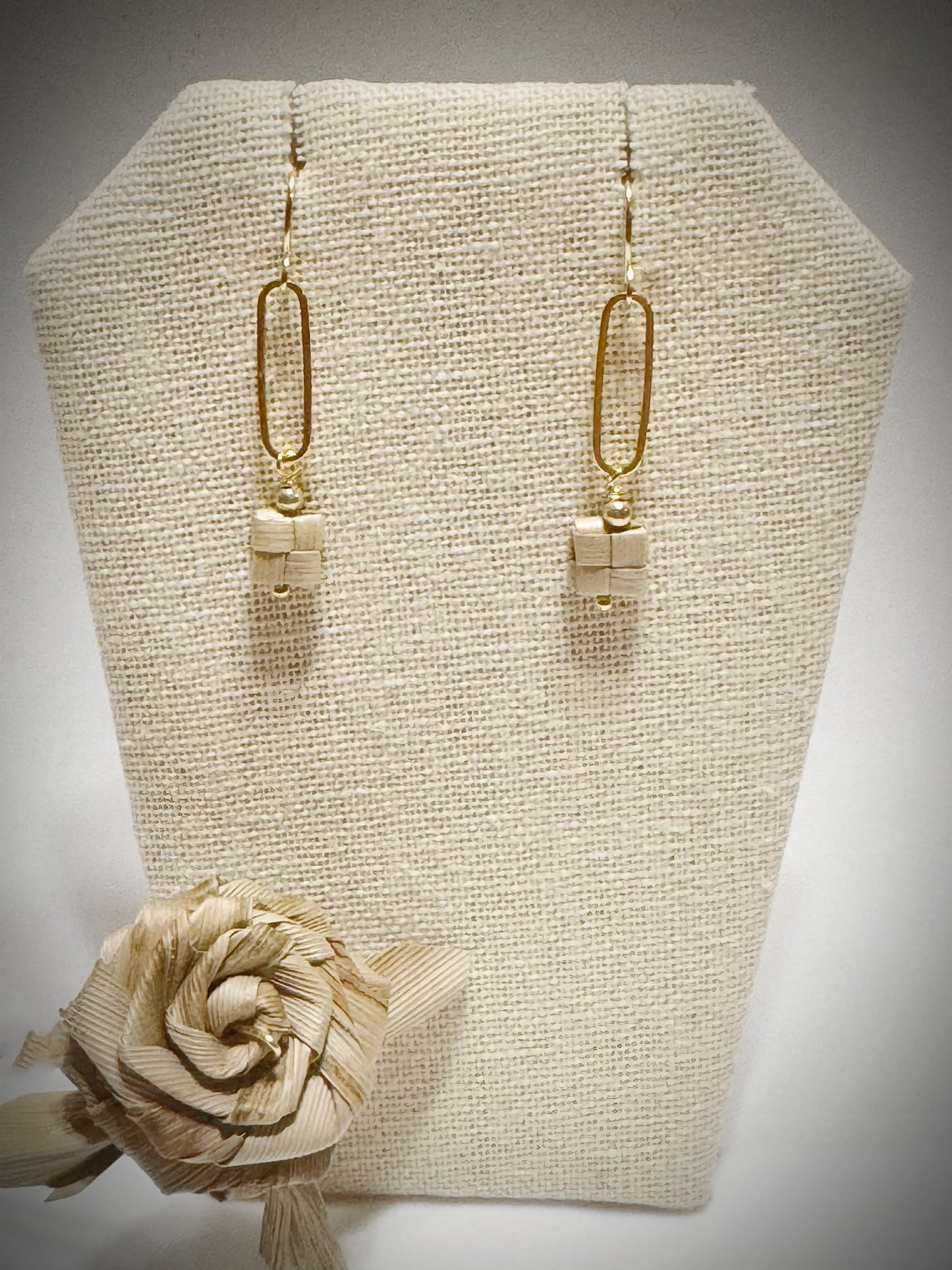 Lauhala woven box paperclip dangle gold earrings