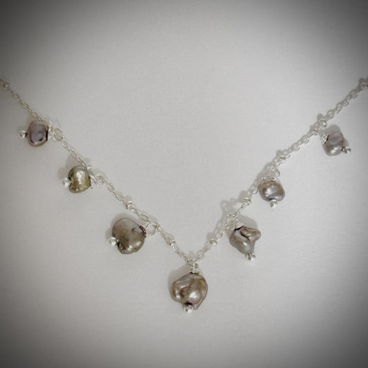 Keshi pearls dangle necklace on silver chain 17”