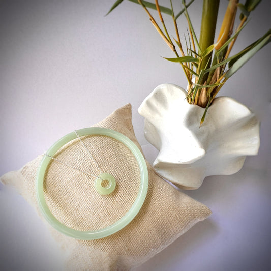Jade dainty bangle and doughnut shape pendant set-light white green