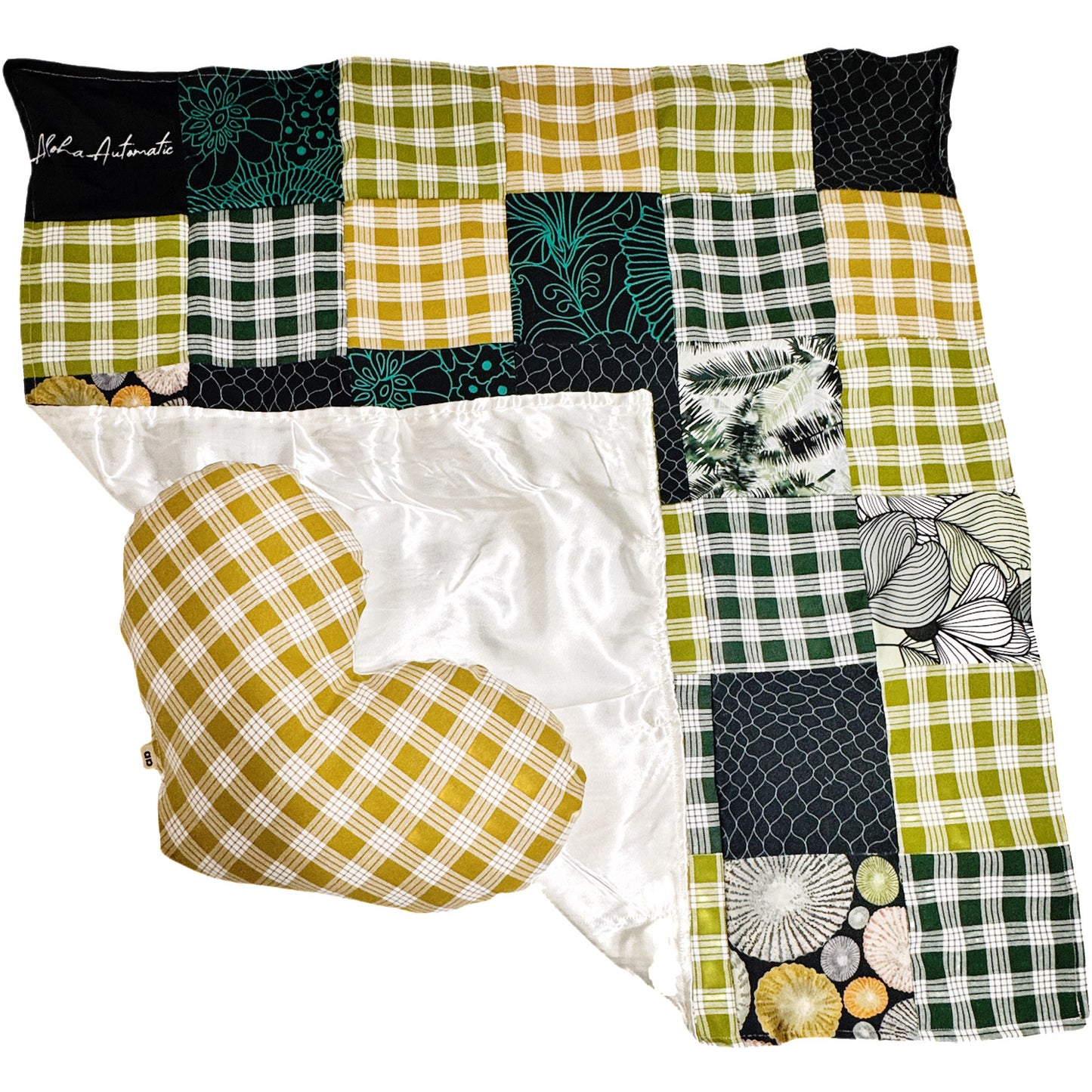 Green Palaka vintage baby quilt and heart pillow