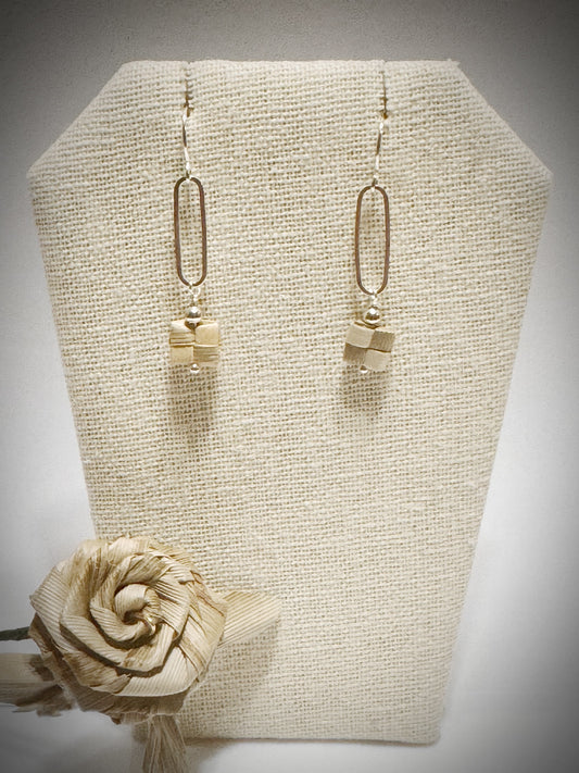Lauhala woven box paperclip dangle silver earrings