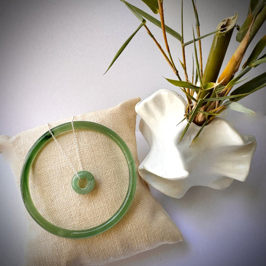 Jade dainty bangle and doughnut shape pendant set-mix green