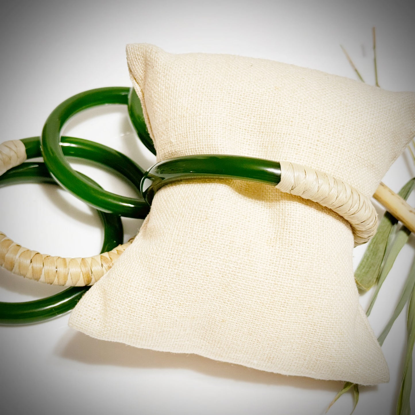 Jade lauhala half wrapped weaved chunky bangle -dark