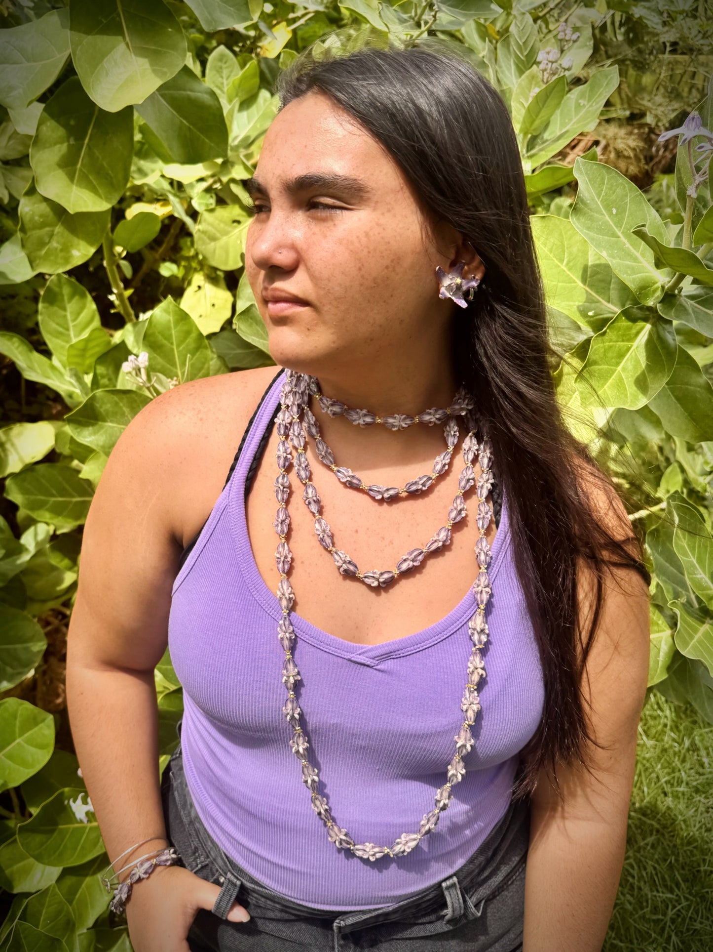 Pua Kalaunu purple extra long double dangle lei with silver spacers and clasp