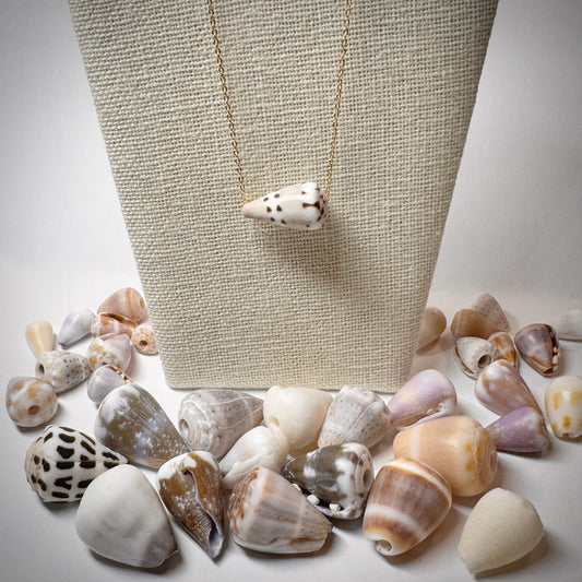 Tan and white with spotted trail Cone seashell floating necklace