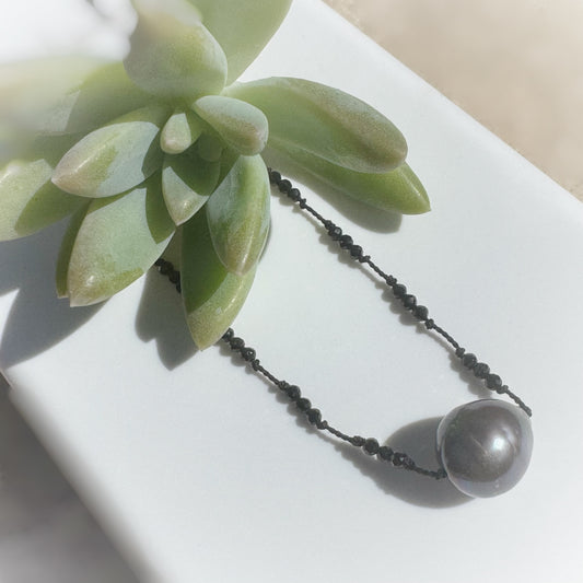 Black Micro crystal freshwater pearl knotted choker