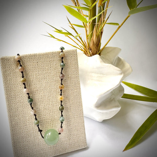 Rainbow Jade mini round stones and extra large round green Jade pendant knotted choker