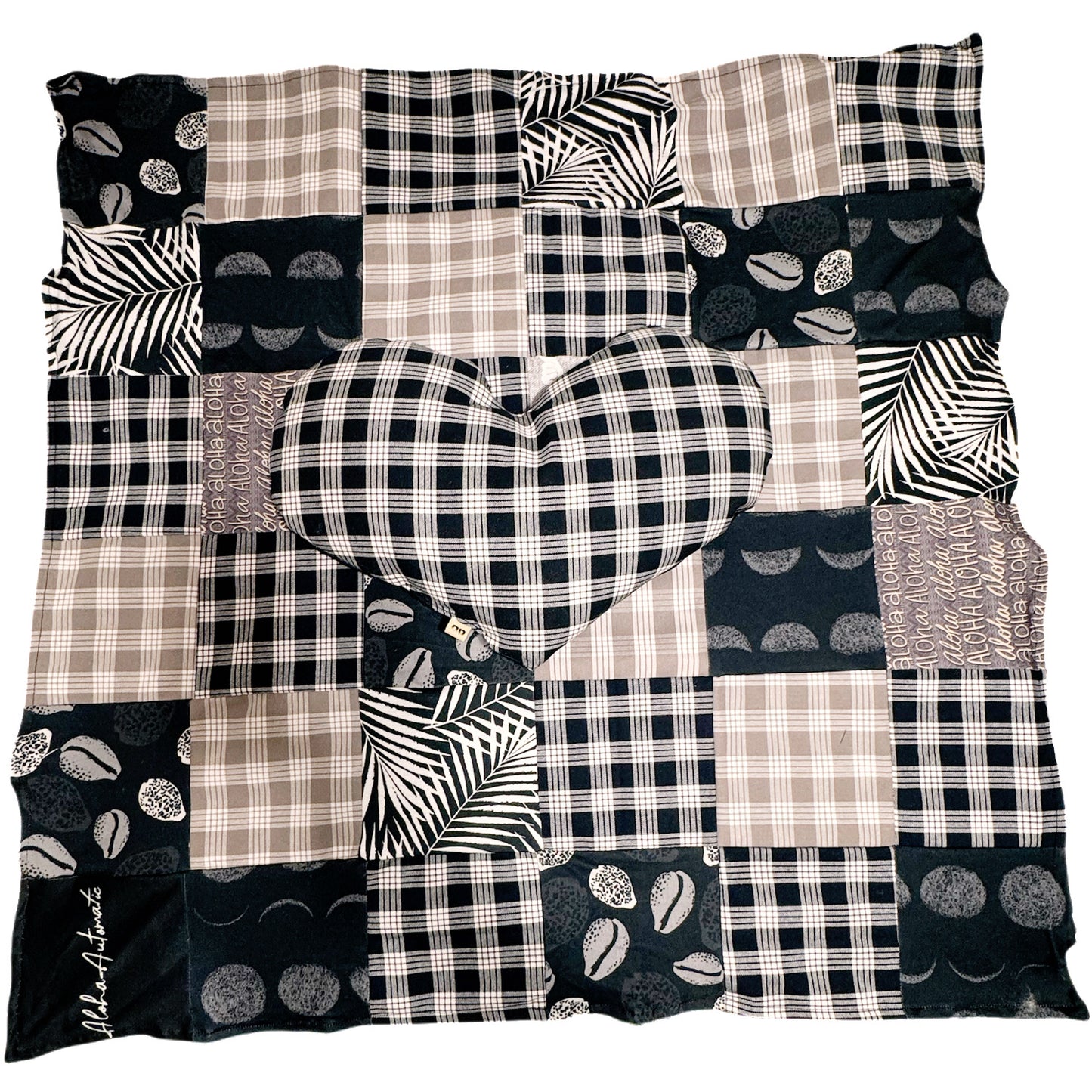 Black Palaka vintage baby quilt and heart pillow