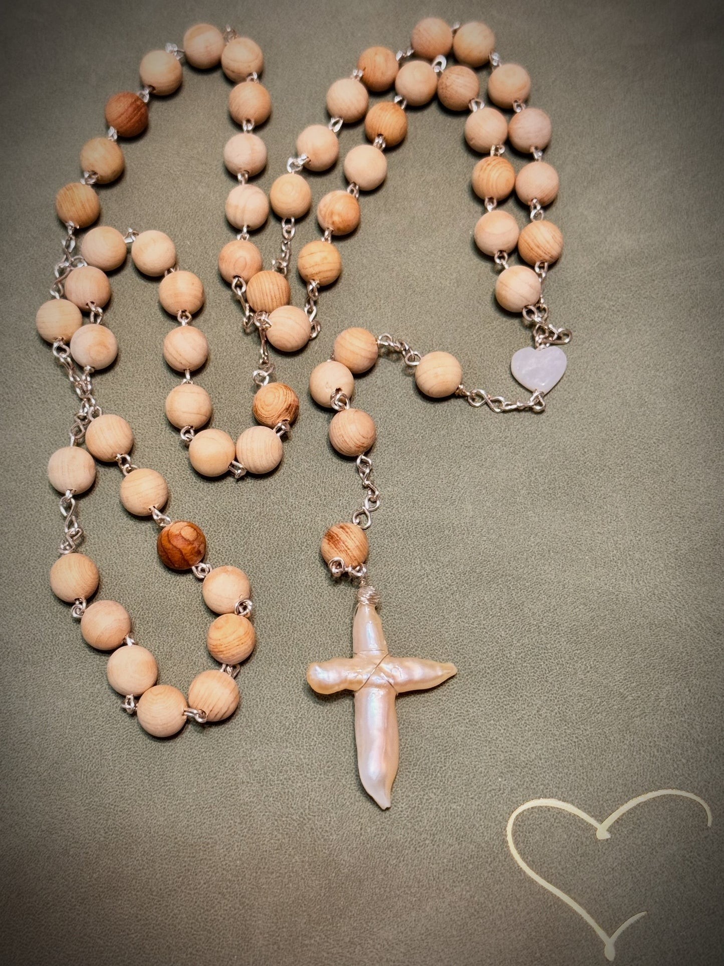 Mother of pearl white cross rosary like necklace tan wood bead