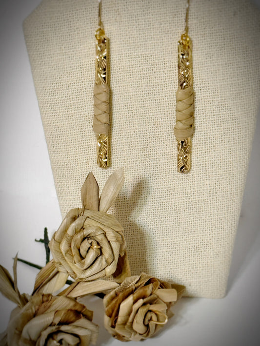 Lauhala gold Hawaiian floral dangle stick earrings
