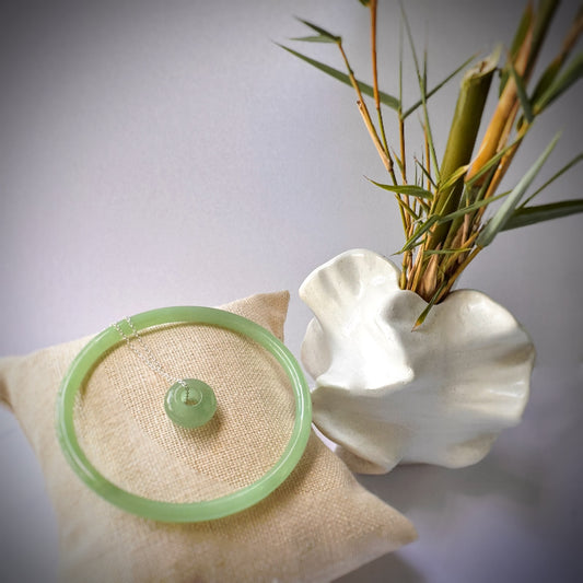 Jade dainty bangle and doughnut shape pendant set-light green