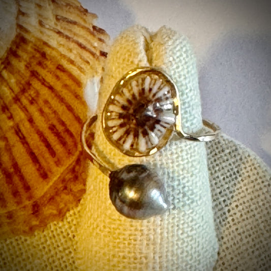 ‘Opihi with Tahitian pearl gold cuff adjustable shell ring