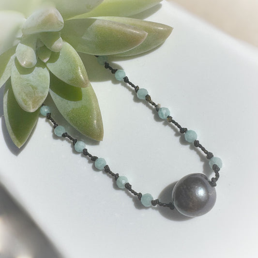 Baby blue small crystal freshwater pearl knotted choker
