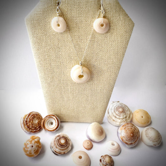 Large Puka seashell floating necklace with matching medium puka earrings