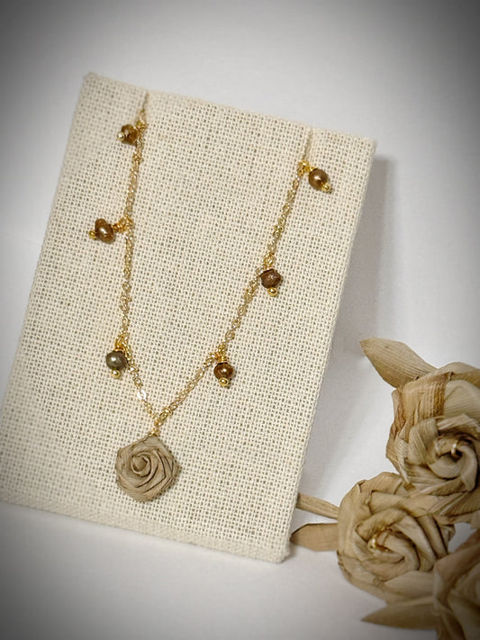 Lauhala dainty rose necklace gold with tiny golden pearls
