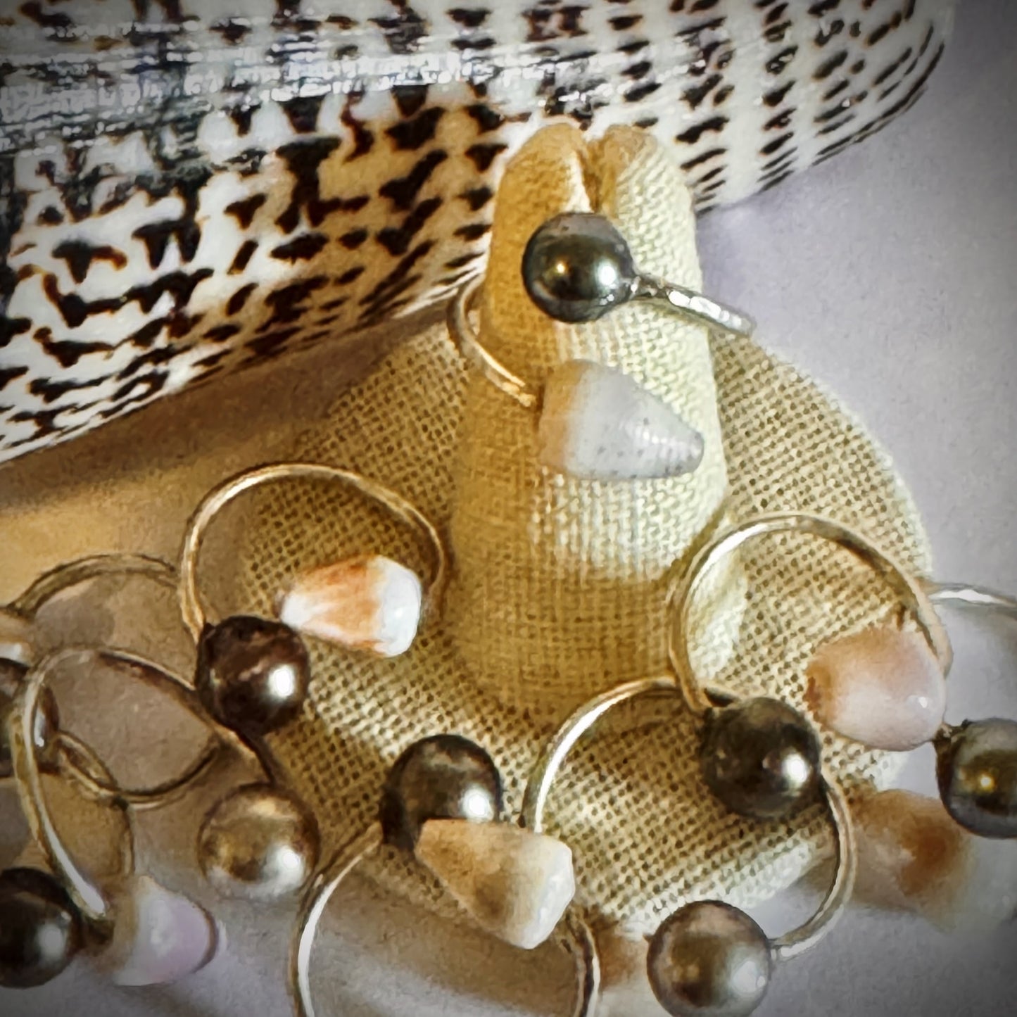 Cone shell with Tahitian pearl silver cuff adjustable shell ring