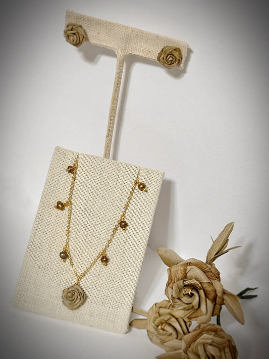 Lauhala dainty rose necklace gold with tiny golden pearls and matching stud set