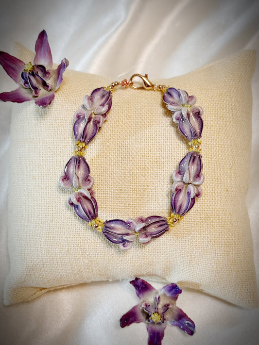 Pua Kalaunu purple double dangle bracelet with silver spacers and clasp