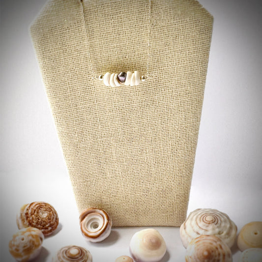 Small multiple Puka seashell floating necklace with keshi pearl