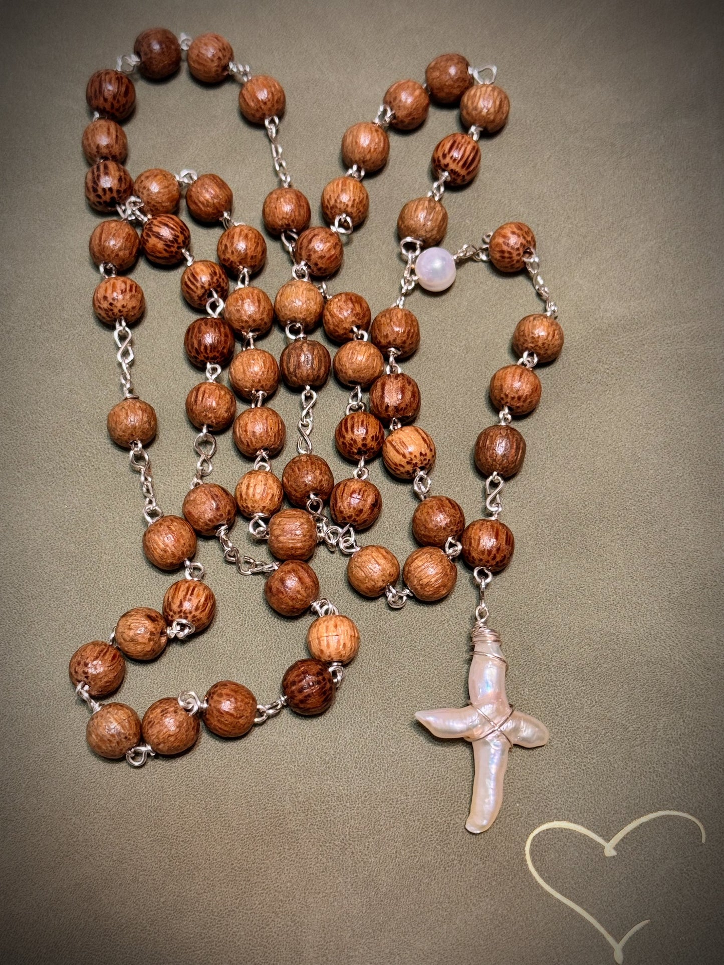 Mother of pearl white cross rosary like necklace light brown wood bead