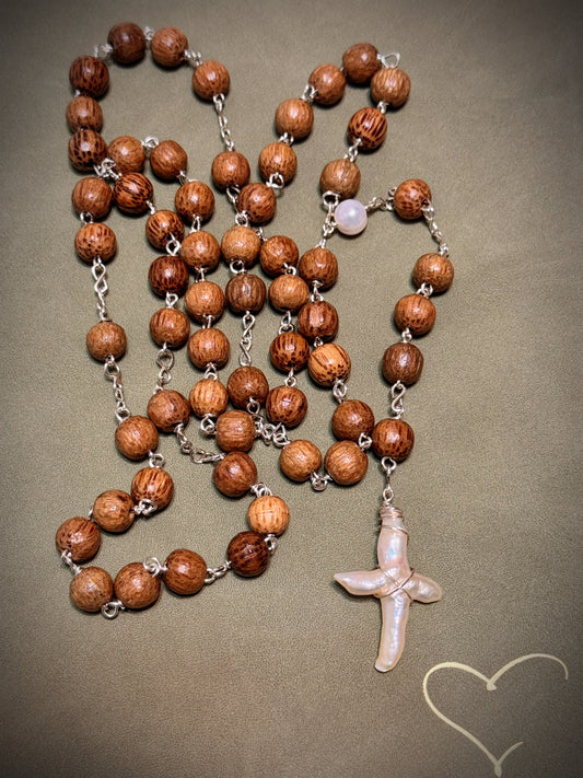 Mother of pearl white cross rosary like necklace light brown wood bead